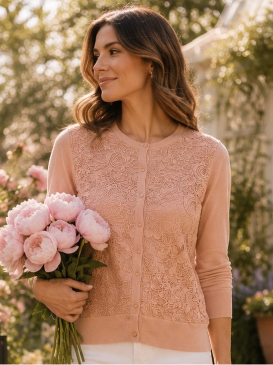 Ann Taylor Sweaters - Ann Taylor Factory Pink Floral Lace Cardigan Sweater Large Cottagecore